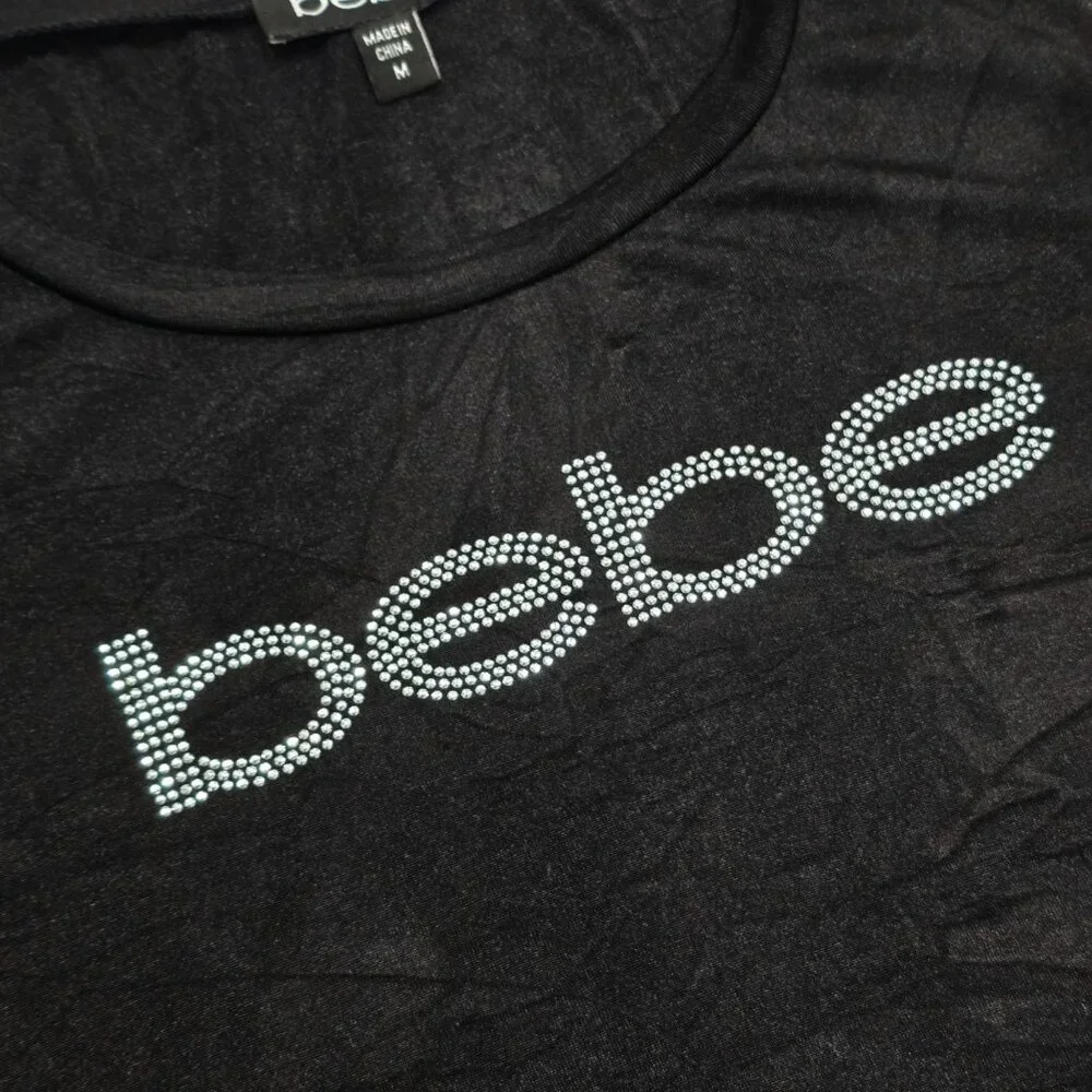 Bebe ✦ Black Rhinestone Logo Tee ✦ Short Sleeve Fitted Stretch Soft Y2K Sz M - Picture 6 of 9
